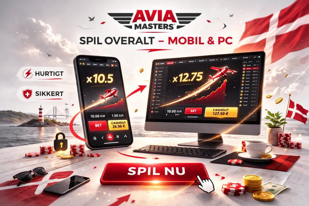 Avia Masters comparison banner showing the game on a smartphone and a PC screen in a clean red-white Danish UI style.