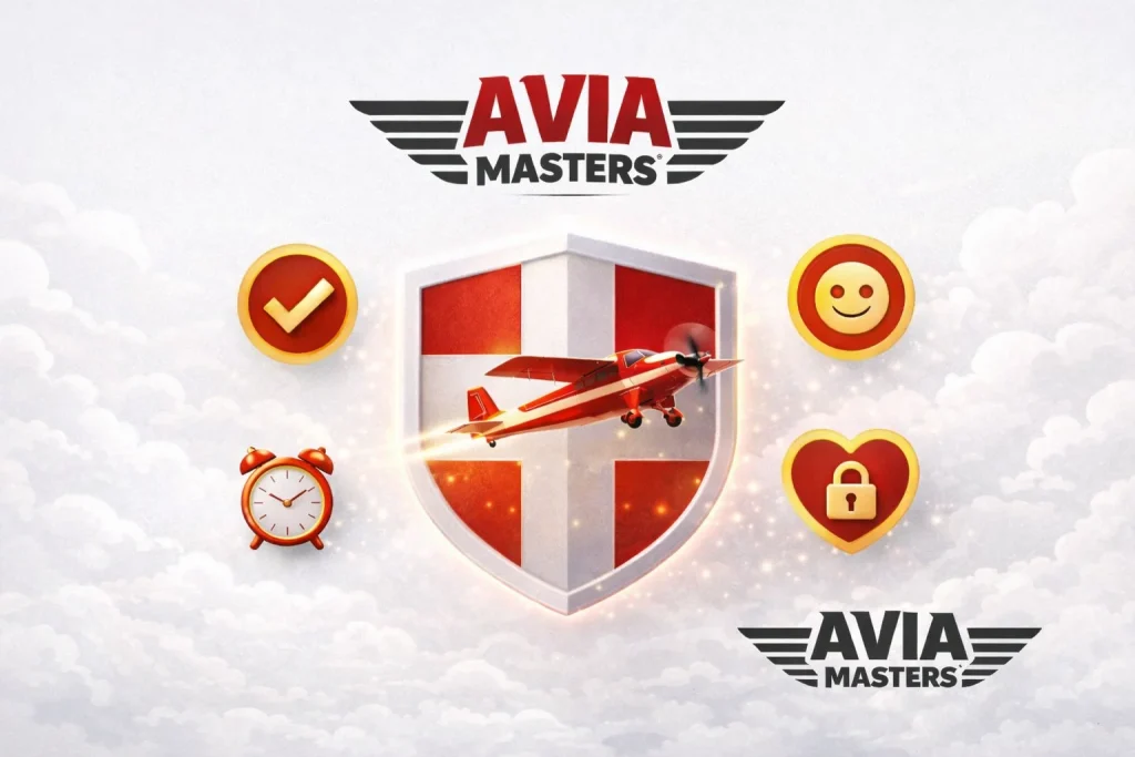 Avia Masters responsible gaming banner showing a security shield icon, clean Nordic background, and a small red plane symbolizing safe play.